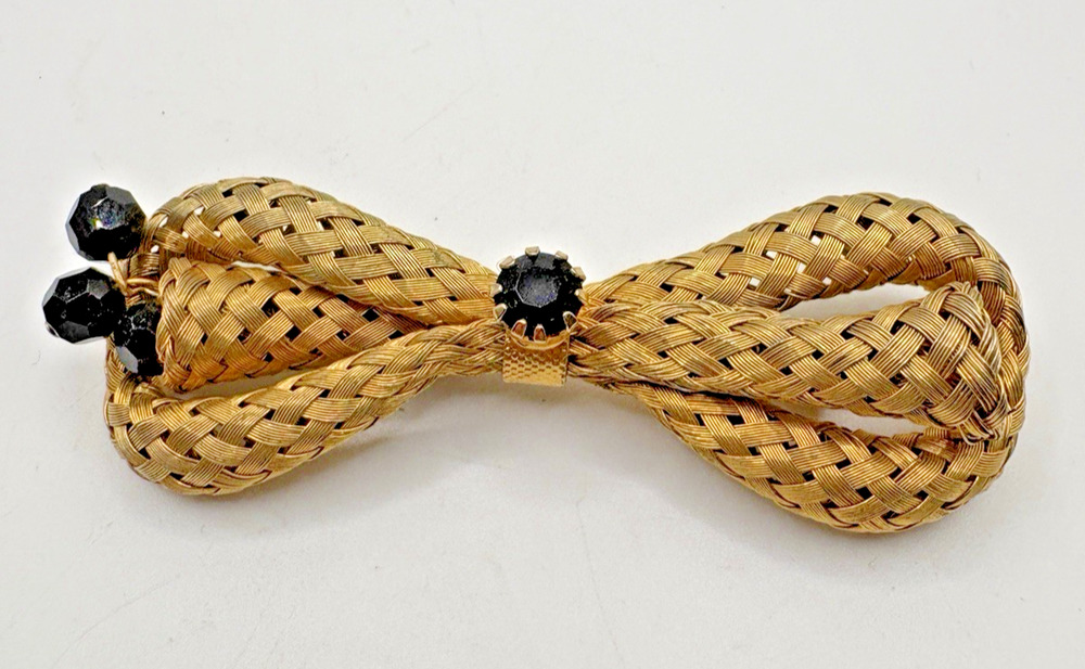 Woven Metal Gold Tone Braided Black Stones Brooch Pin Vintage Bow Flower Vase